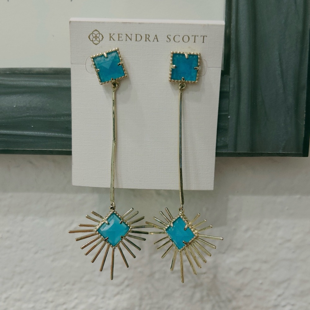 Kendra Scott Vintage Gold and turquoise blue starburst drop Earrings - Picture 3 of 8